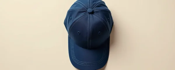 Photographie professionnelle d'une casquette de baseball bleu marine de haute qualité, posée sur un fond neutre crème avec détails de couture géométrique visible