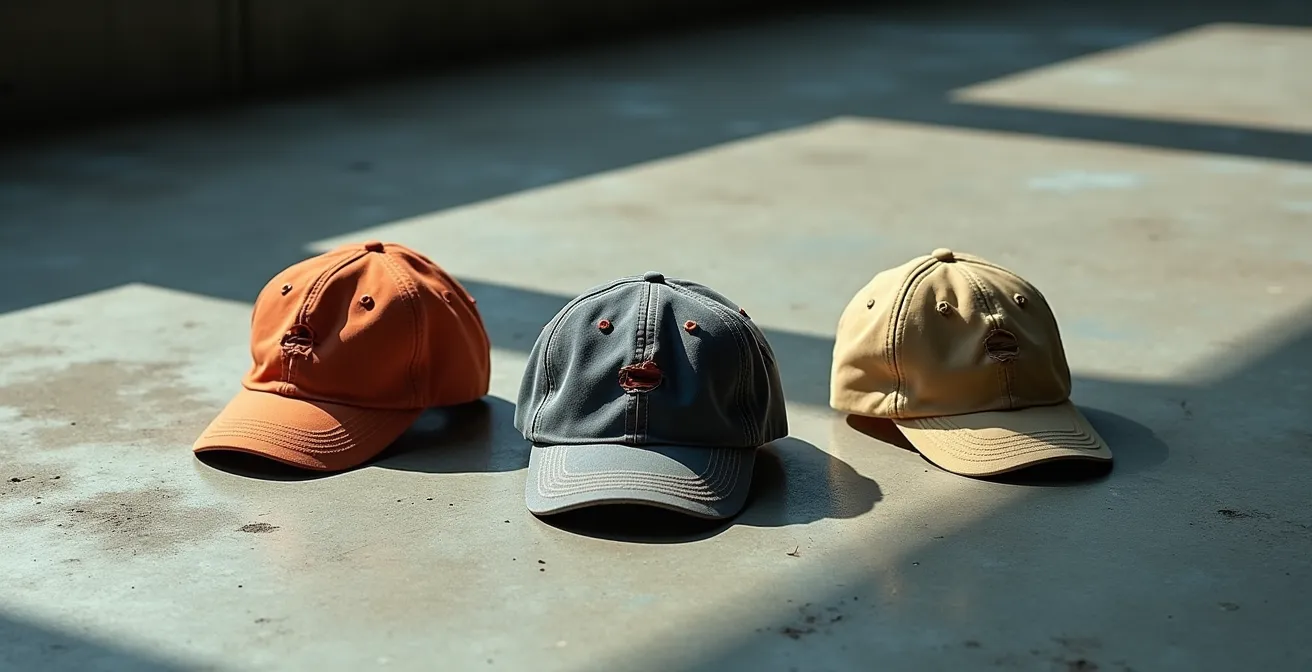 Vue minimaliste de casquettes mal conçues dans un environnement épuré