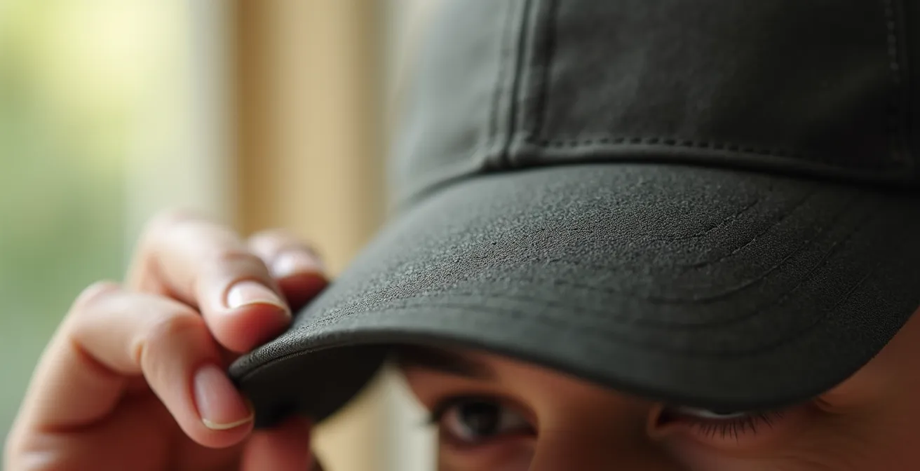 Détail macro d'une main tenant une casquette avec focus sur la texture