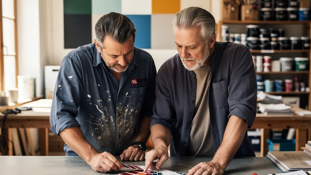 Artisan présentant un éventail nuancier à un client dans son showroom