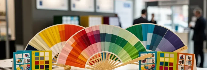 Éventails publicitaires colorés déployés sur comptoir d'accueil salon professionnel