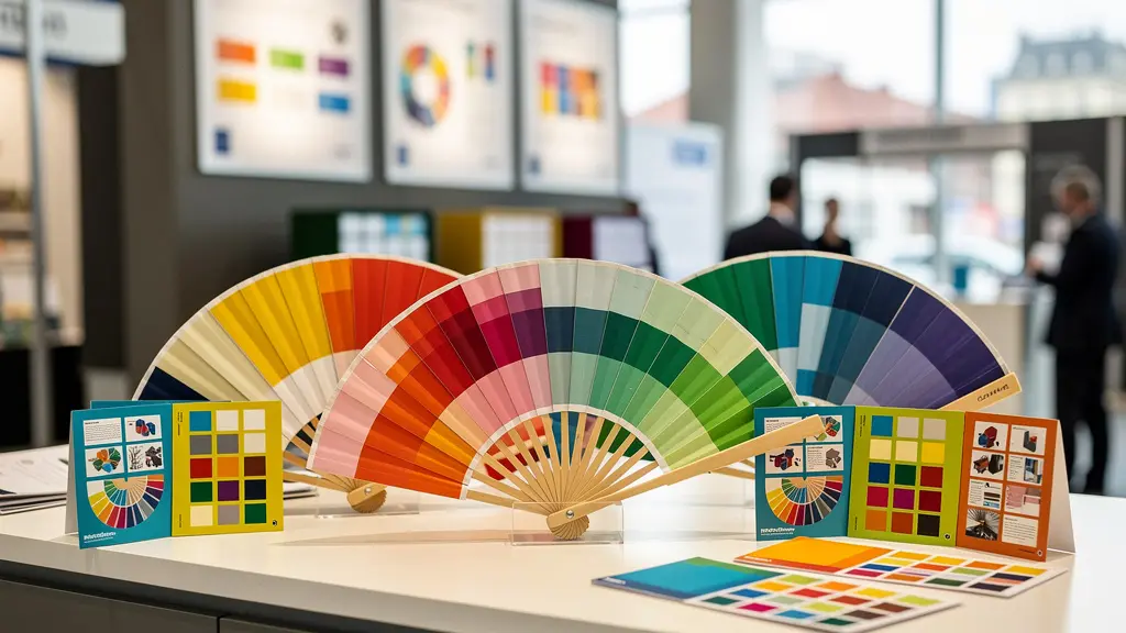 Éventails publicitaires colorés déployés sur comptoir d'accueil salon professionnel