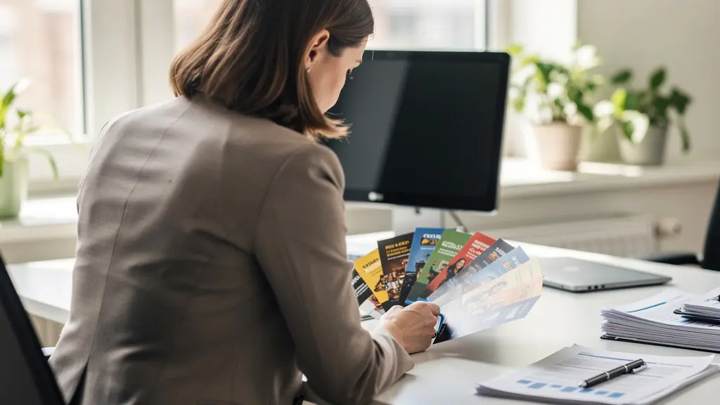 Responsable communication consultant un éventail nuancier sur bureau moderne