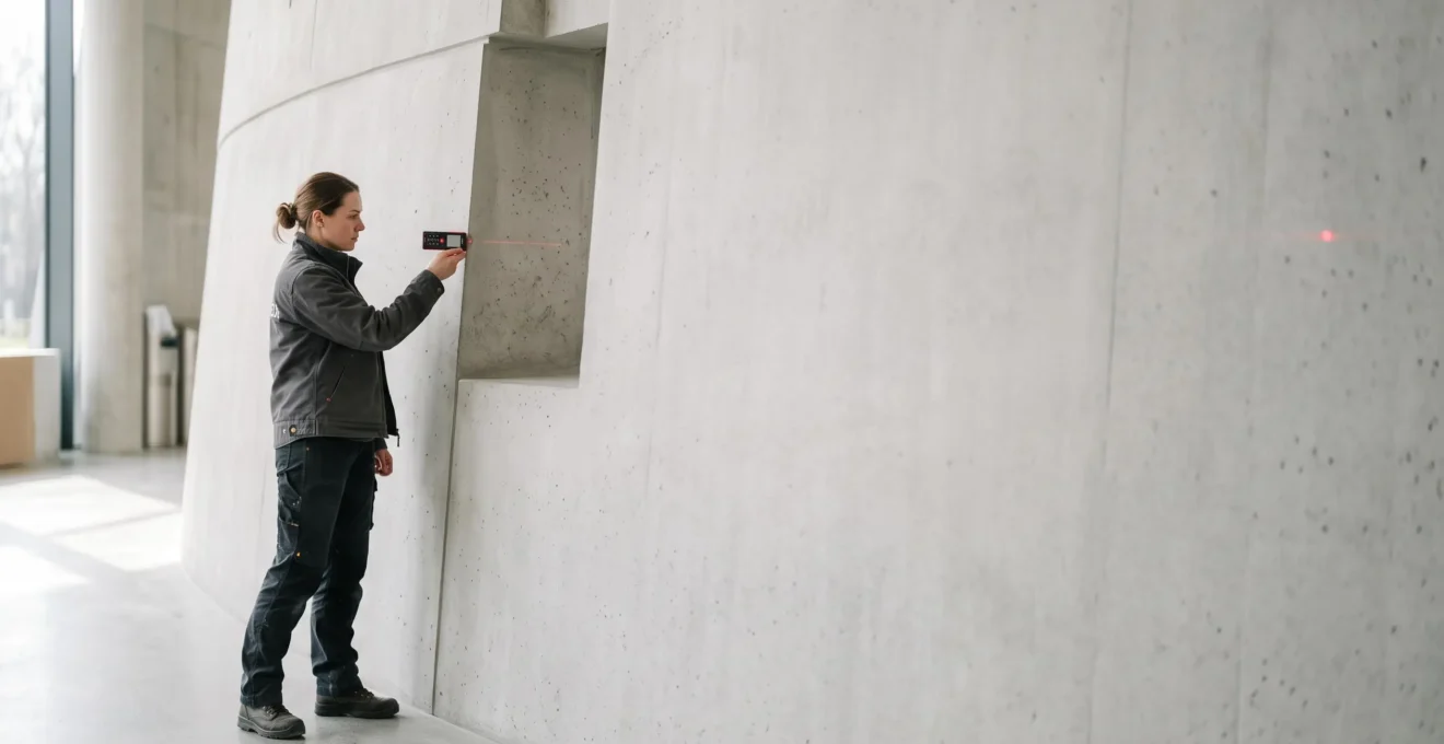 Technicien mesurant avec précision une façade avant l'installation d'un support imprimé sur mesure