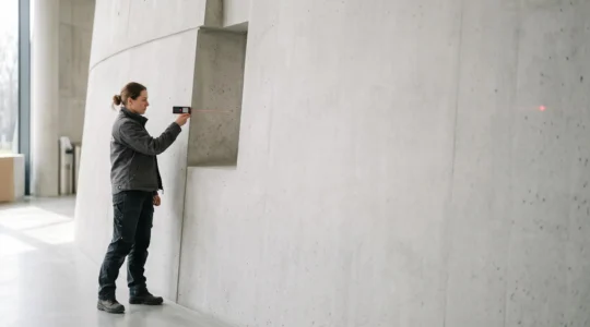 Technicien mesurant avec précision une façade avant l'installation d'un support imprimé sur mesure