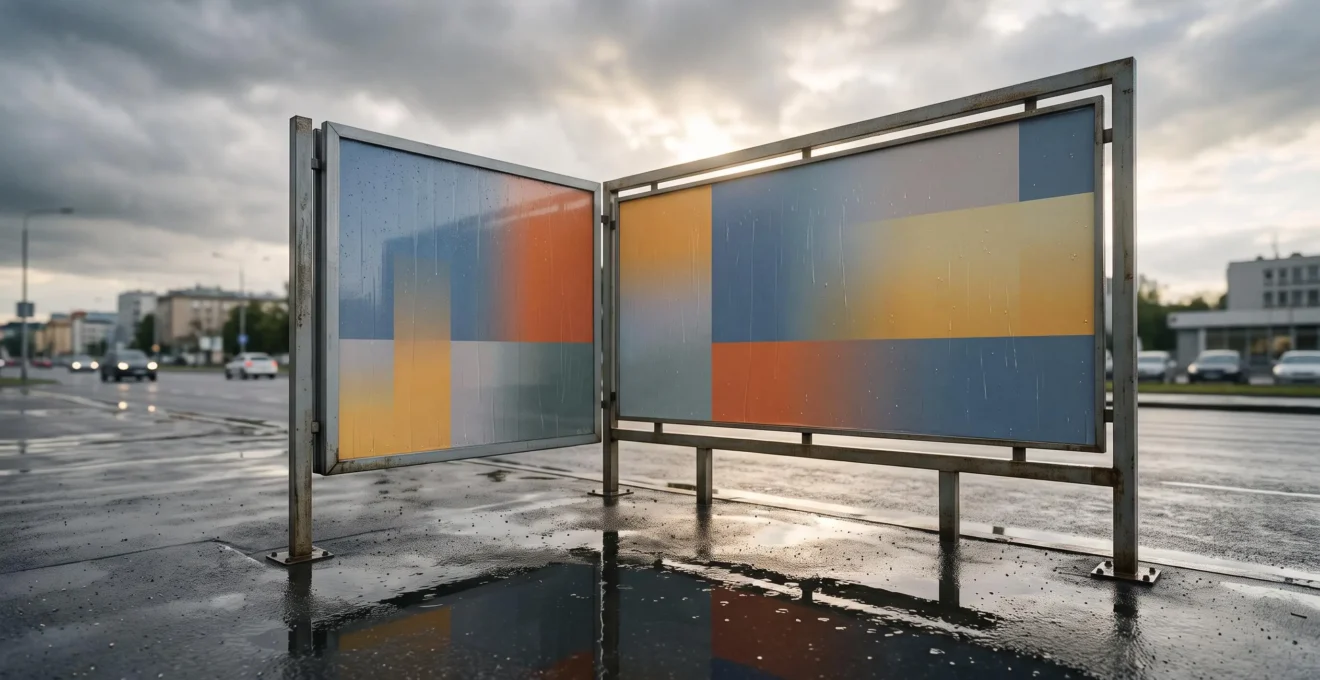 Panneau publicitaire grand format sous la pluie, aux couleurs éclatantes malgré les intempéries