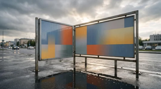 Panneau publicitaire grand format sous la pluie, aux couleurs éclatantes malgré les intempéries