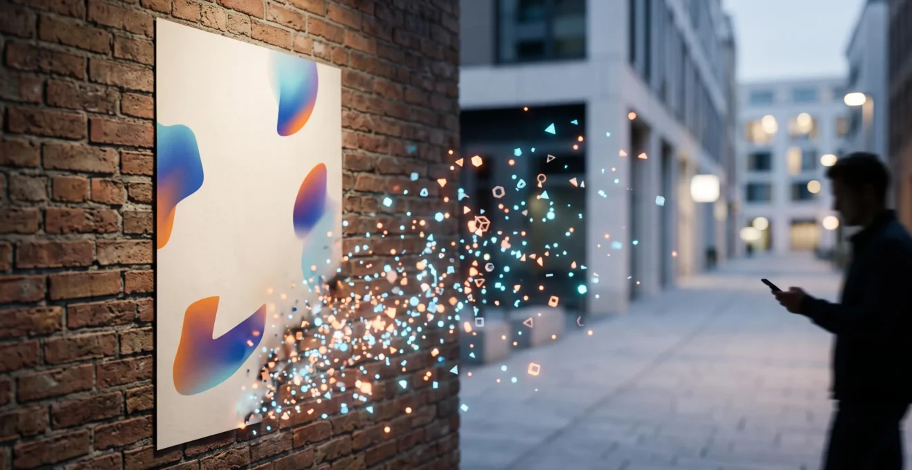 Affiche imprimée dont la surface semble se dissoudre en particules lumineuses suggérant une expérience de réalité augmentée