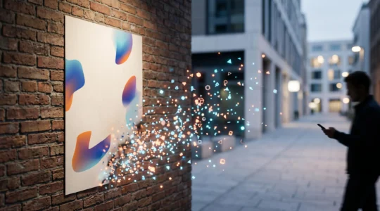 Affiche imprimée dont la surface semble se dissoudre en particules lumineuses suggérant une expérience de réalité augmentée
