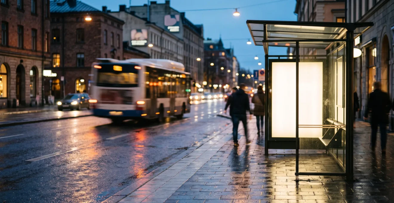 Vue large d'un abribus publicitaire intégré dans une rue urbaine animée au crépuscule