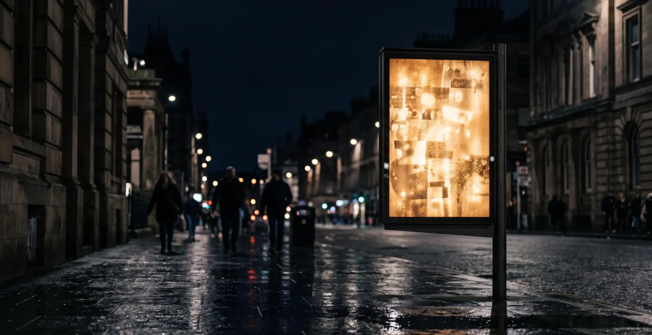 Caisson lumineux abstrait diffusant une lumière chaude sur une façade de rue urbaine la nuit