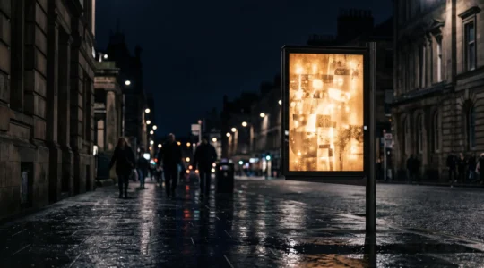 Caisson lumineux abstrait diffusant une lumière chaude sur une façade de rue urbaine la nuit