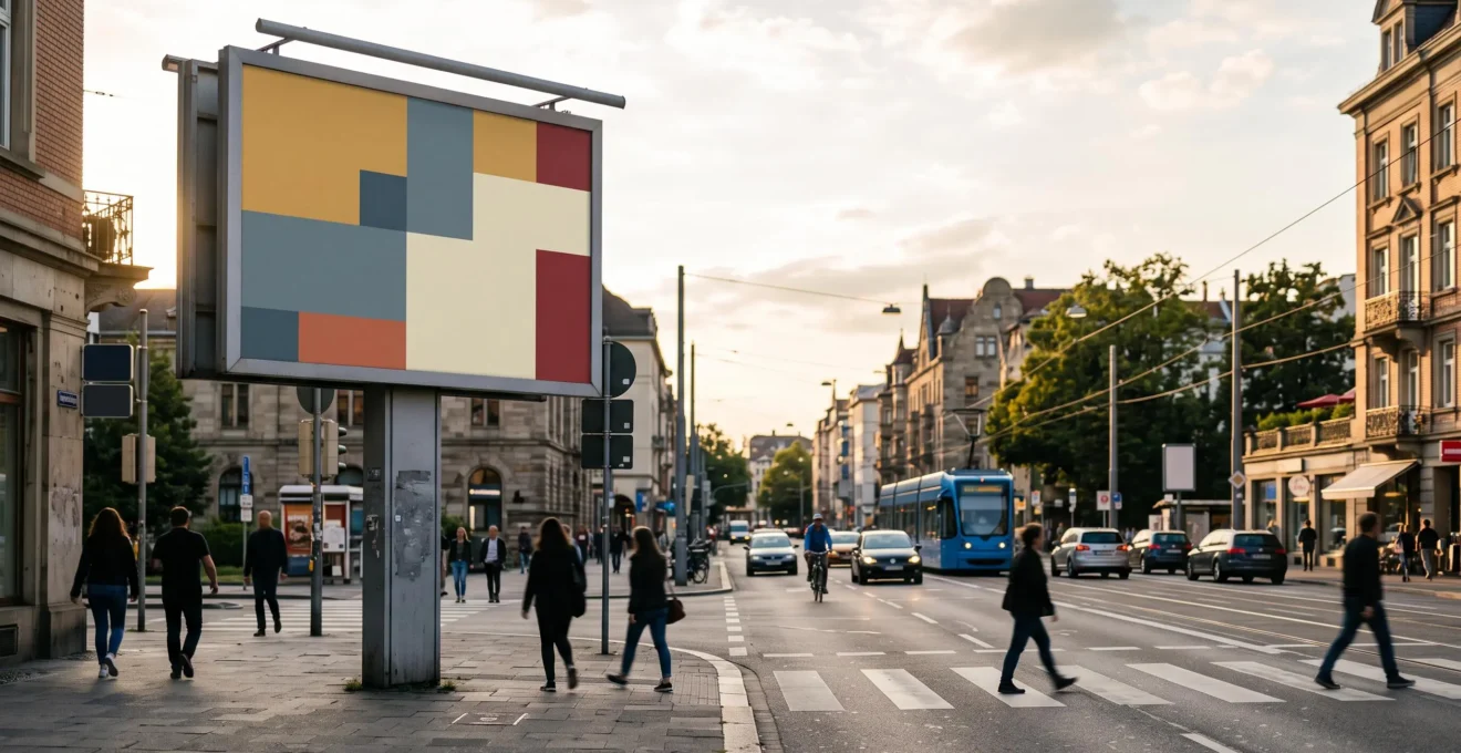 Une grande affiche publicitaire abstraite integree dans un carrefour urbain anime, illustrant la visibilite d'une marque dans l'espace public