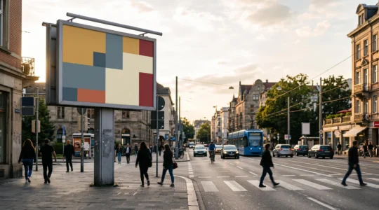 Une grande affiche publicitaire abstraite integree dans un carrefour urbain anime, illustrant la visibilite d'une marque dans l'espace public