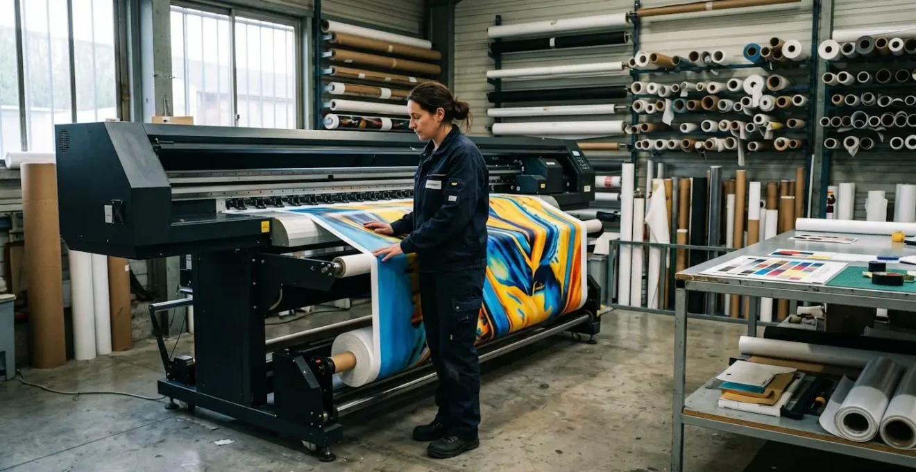 Technicien vérifiant la sortie d'une bâche imprimée sur machine UV grand format dans atelier professionnel d'impression numérique