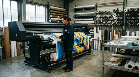 Technicien vérifiant la sortie d'une bâche imprimée sur machine UV grand format dans atelier professionnel d'impression numérique