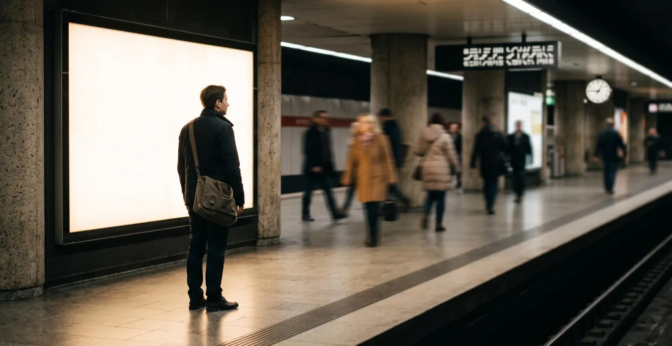 Voyageur attentif face à un grand espace publicitaire lumineux dans une station de métro moderne