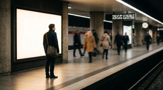 Voyageur attentif face à un grand espace publicitaire lumineux dans une station de métro moderne