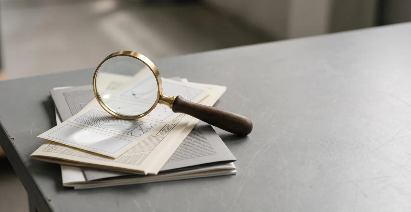 Loupe de contrôle qualité posée sur une pile d'étiquettes et de brochures imprimées, symbolisant l'audit réglementaire