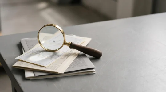 Loupe de contrôle qualité posée sur une pile d'étiquettes et de brochures imprimées, symbolisant l'audit réglementaire