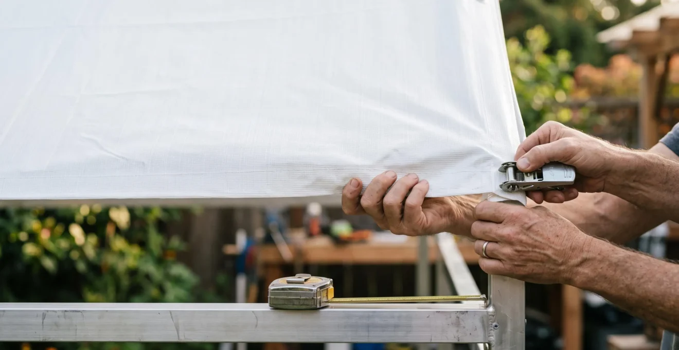 Installation precise d'une bache PVC personnalisee tendue sur une structure metallique exterieure