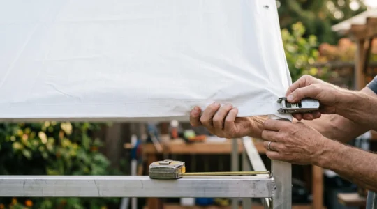Installation precise d'une bache PVC personnalisee tendue sur une structure metallique exterieure