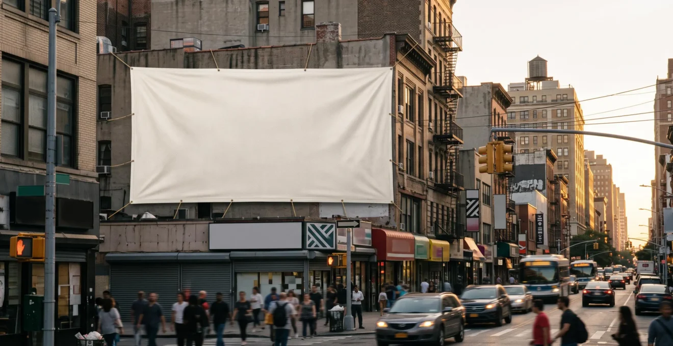 Grande bannière publicitaire vierge tendue sur une façade urbaine, entourée de passants flous en fin de journée