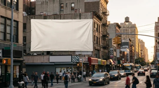 Grande bannière publicitaire vierge tendue sur une façade urbaine, entourée de passants flous en fin de journée