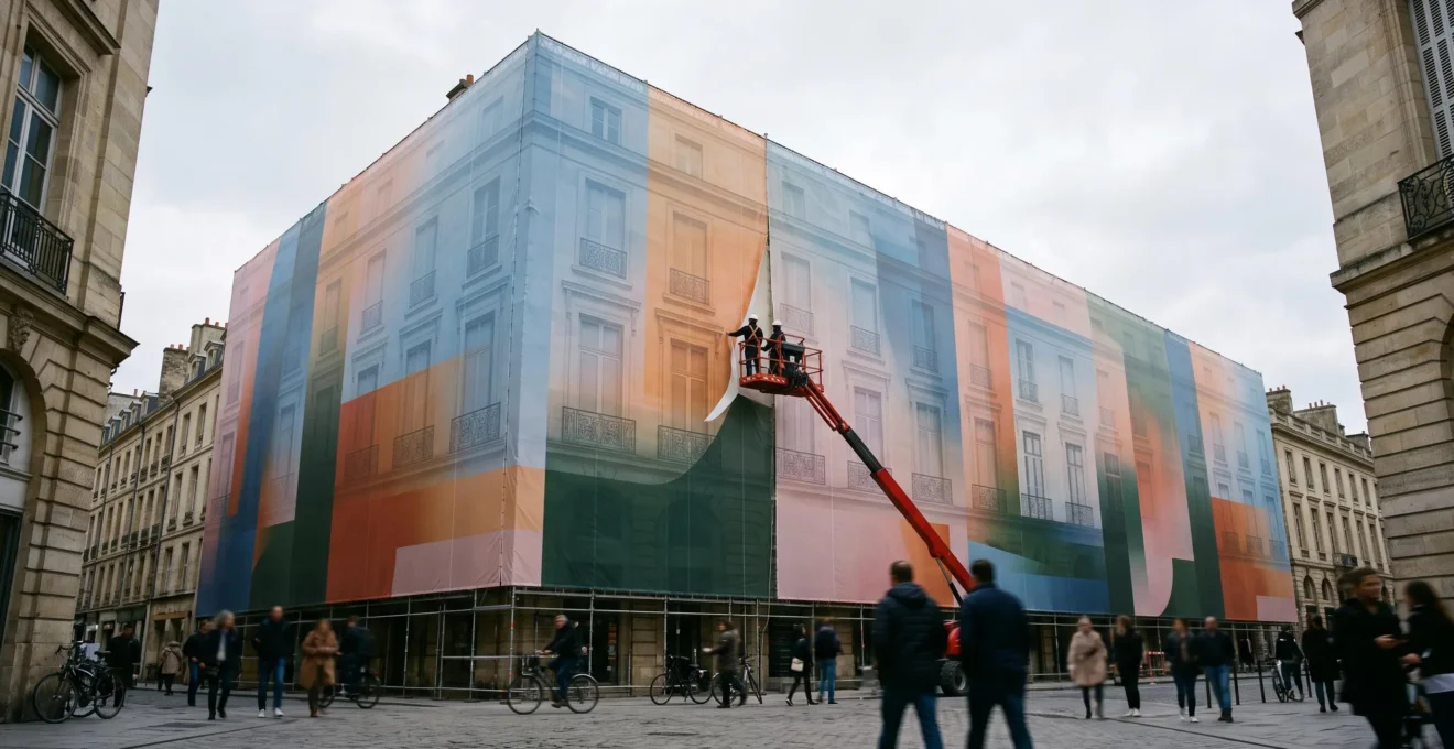 Façade entière d'un immeuble urbain recouverte d'un immense visuel imprimé qui transforme le bâtiment en support de marque