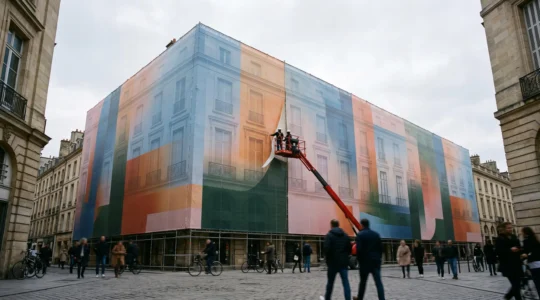 Façade entière d'un immeuble urbain recouverte d'un immense visuel imprimé qui transforme le bâtiment en support de marque