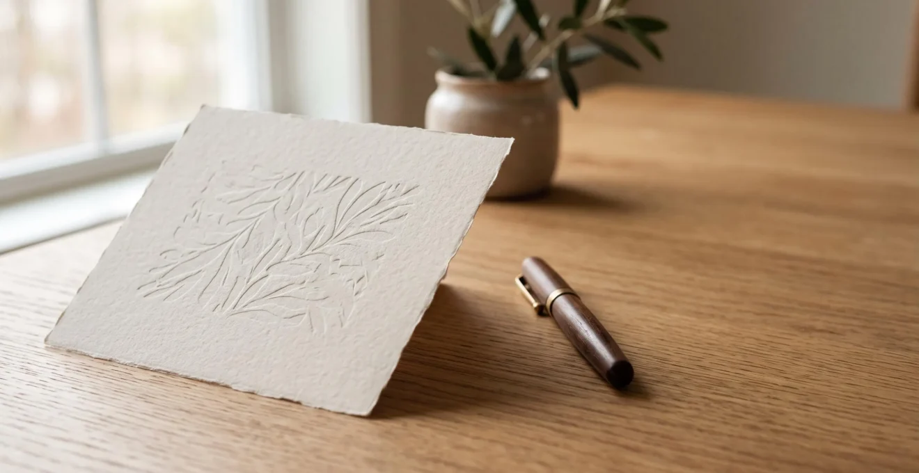 Carton d'invitation professionnel posé sur une table élégante, symbolisant l'équilibre entre design et message clair