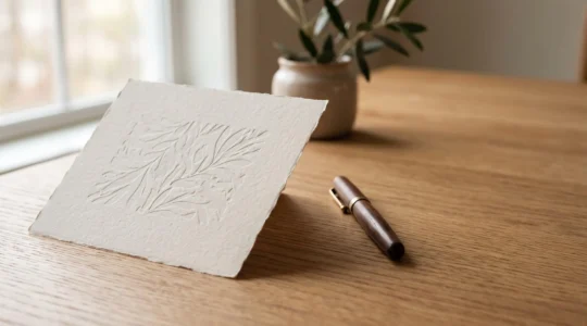 Carton d'invitation professionnel posé sur une table élégante, symbolisant l'équilibre entre design et message clair