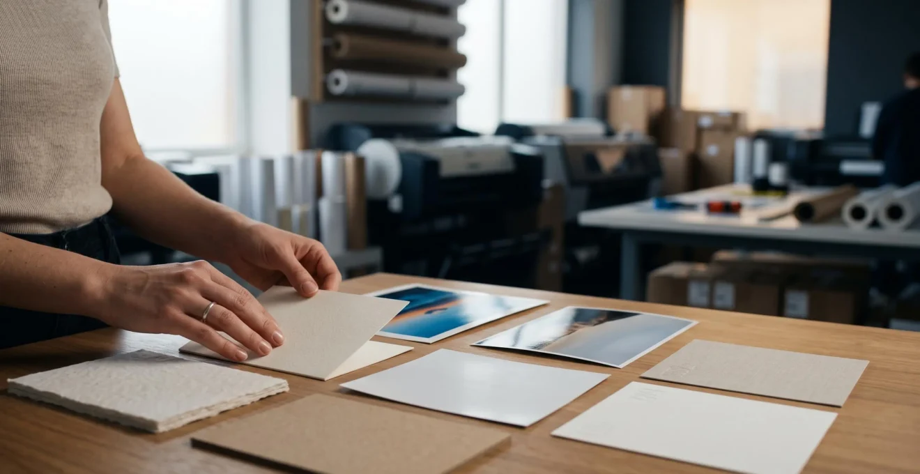 Professionnel examinant des échantillons de papier et de finitions d'impression sur un plan de travail avant de choisir un prestataire en ligne