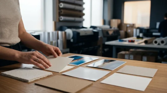 Professionnel examinant des échantillons de papier et de finitions d'impression sur un plan de travail avant de choisir un prestataire en ligne