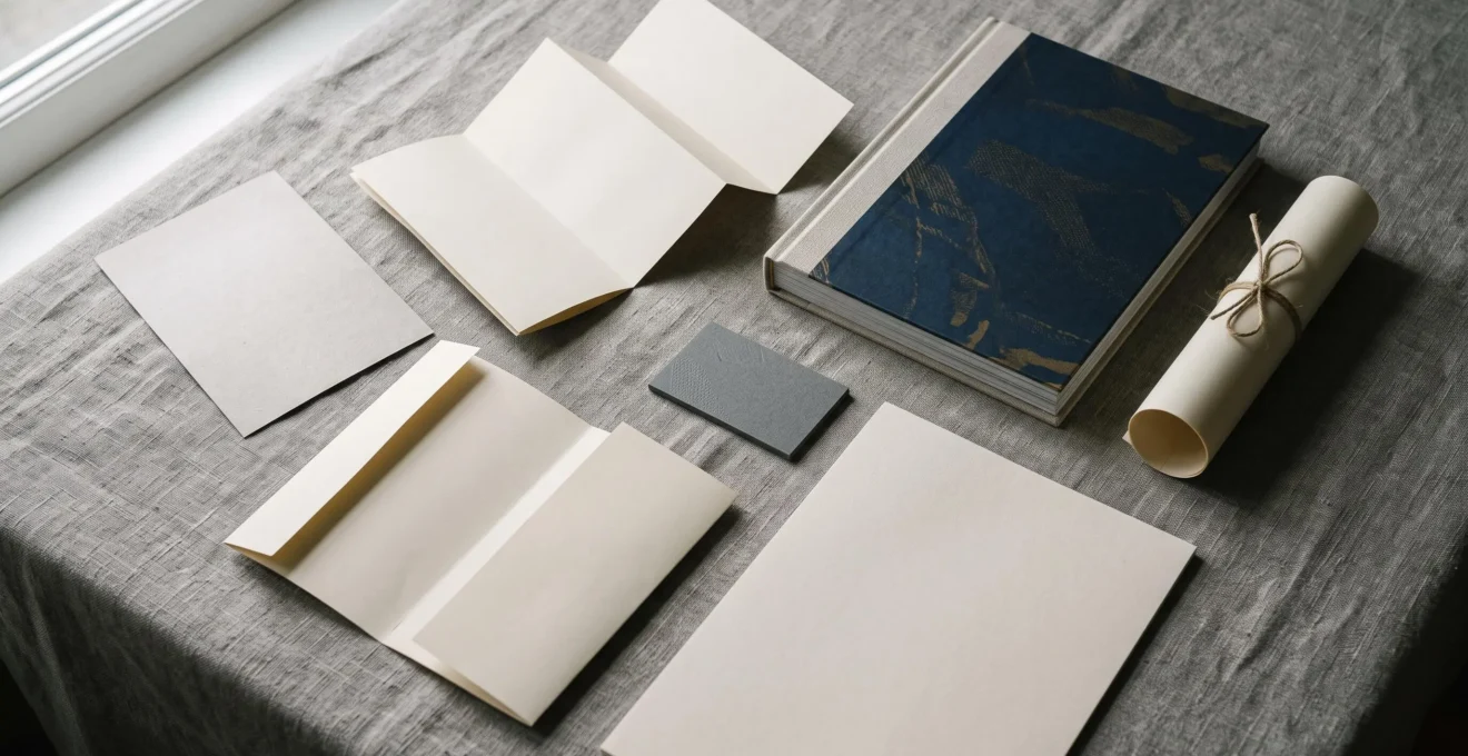 Assortiment de supports imprimés de différents formats et textures disposés sur une table, illustrant le choix d'un format adapté à un objectif de communication