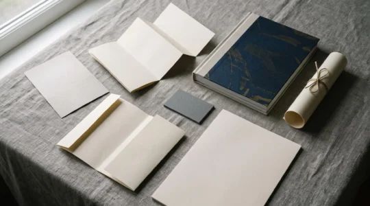 Assortiment de supports imprimés de différents formats et textures disposés sur une table, illustrant le choix d'un format adapté à un objectif de communication