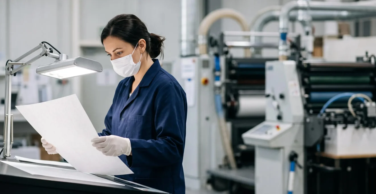 Contrôleur qualité examinant un support imprimé sous une lumière technique dans un atelier industriel propre