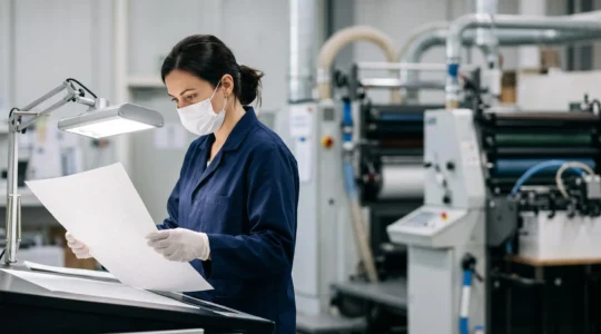 Contrôleur qualité examinant un support imprimé sous une lumière technique dans un atelier industriel propre
