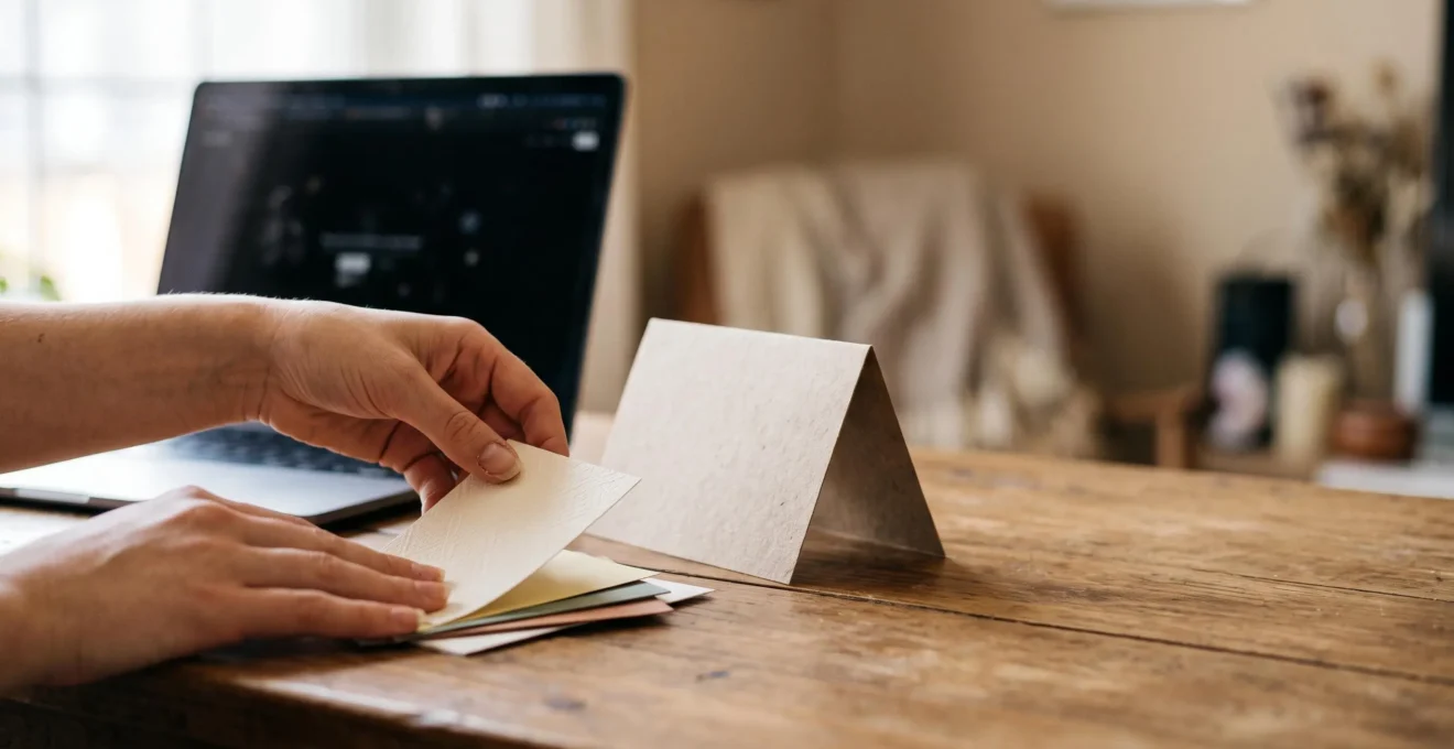 Une personne compose avec soin un faire-part personnalisé sur un ordinateur portable, entourée d'échantillons de papier et de couleurs, dans une ambiance chaleureuse et minimaliste