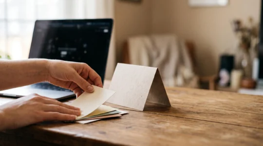 Une personne compose avec soin un faire-part personnalisé sur un ordinateur portable, entourée d'échantillons de papier et de couleurs, dans une ambiance chaleureuse et minimaliste