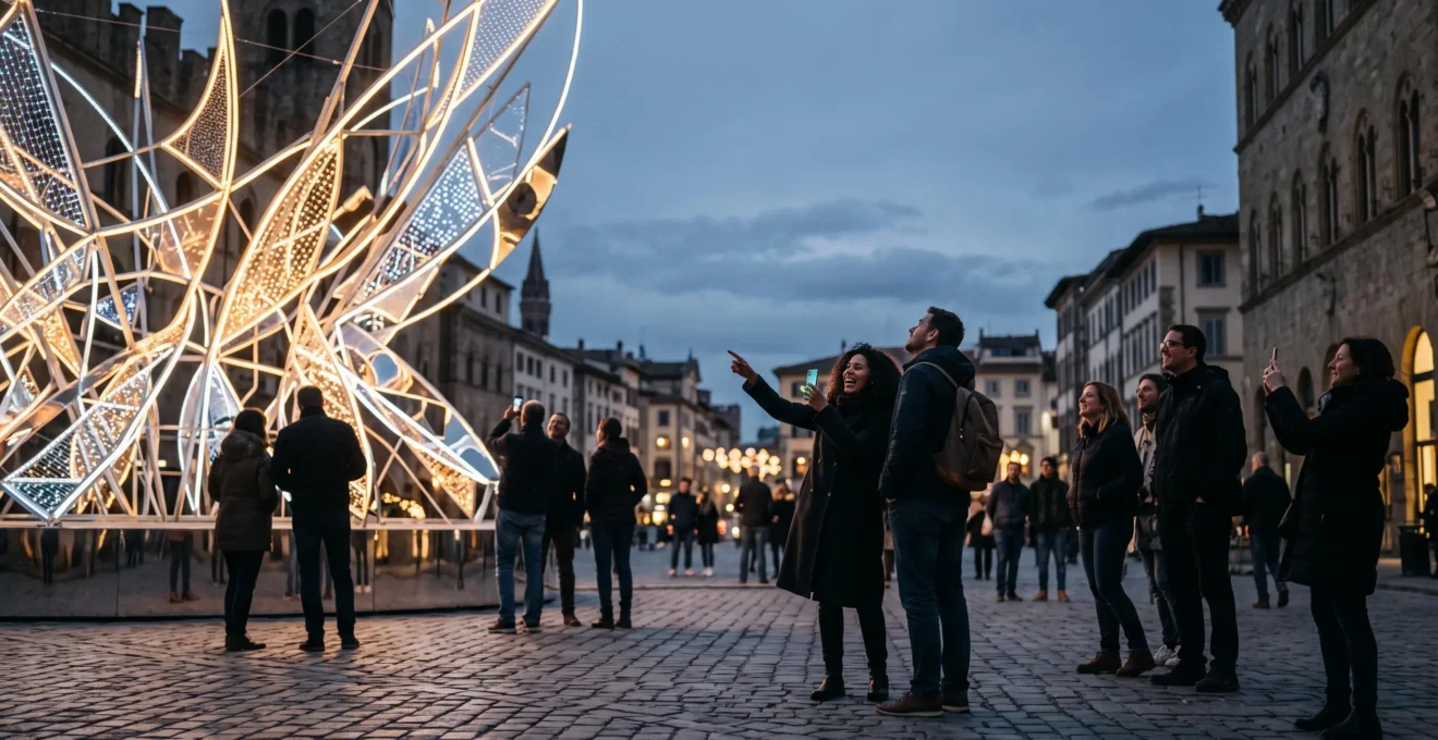 Foule captivee par une installation de rue spectaculaire et lumineuse, symbole d'une operation de marketing qui genere le bouche-a-oreille