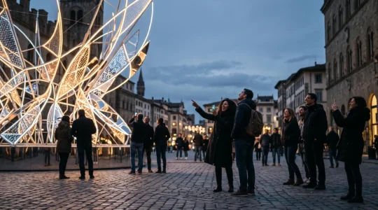 Foule captivee par une installation de rue spectaculaire et lumineuse, symbole d'une operation de marketing qui genere le bouche-a-oreille
