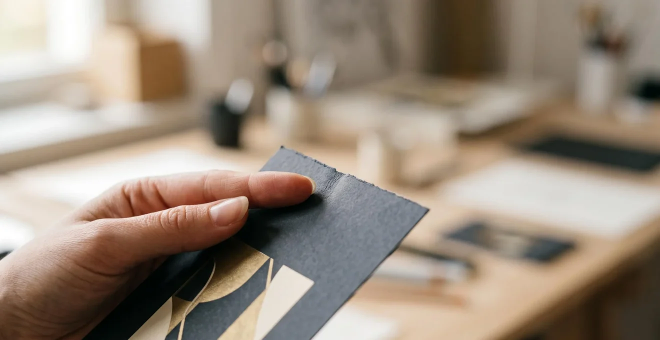Mains explorant la texture veloutée d'une carte imprimée haut de gamme, symbolisant l'expérience tactile premium