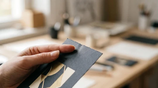 Mains explorant la texture veloutée d'une carte imprimée haut de gamme, symbolisant l'expérience tactile premium