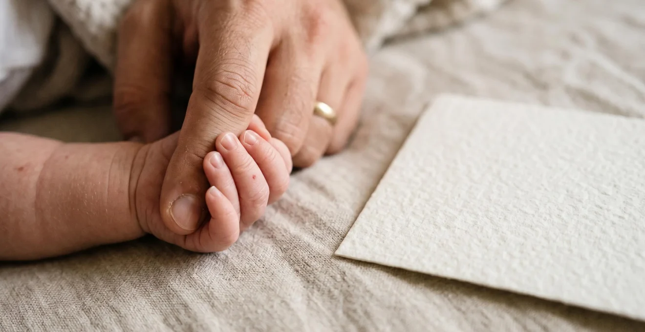 Une petite main de nouveau-né enlace délicatement un doigt d'adulte, à côté d'une carte vierge texturée, dans une lumière douce et chaleureuse