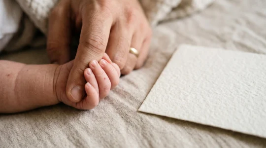 Une petite main de nouveau-né enlace délicatement un doigt d'adulte, à côté d'une carte vierge texturée, dans une lumière douce et chaleureuse