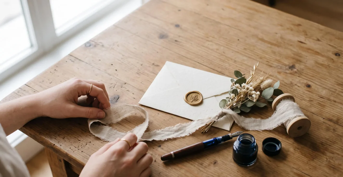Composition élégante et minimaliste évoquant la création d'un faire-part personnalisé unique, avec papier texturé, ruban et éléments naturels