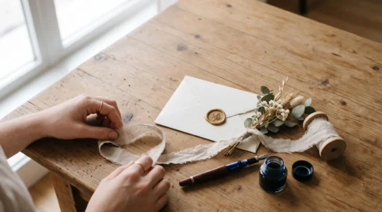 Composition élégante et minimaliste évoquant la création d'un faire-part personnalisé unique, avec papier texturé, ruban et éléments naturels