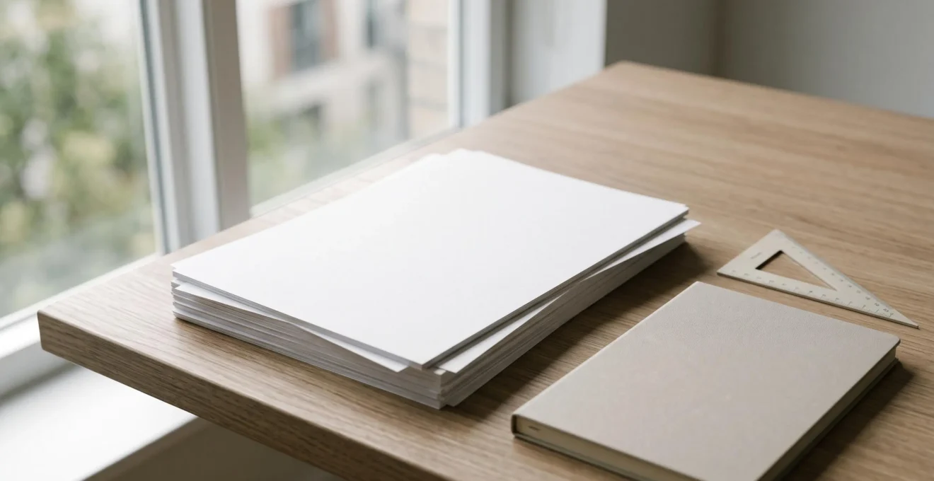 Pile de feuilles A4 blanches posée sur un bureau épuré, éclairée par une lumière naturelle douce, symbolisant la universalité du format