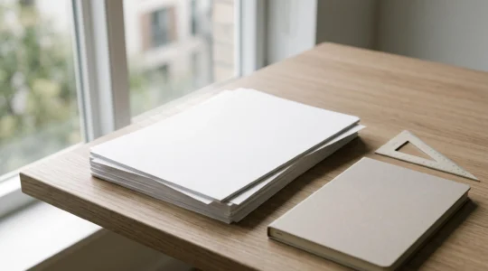 Pile de feuilles A4 blanches posée sur un bureau épuré, éclairée par une lumière naturelle douce, symbolisant la universalité du format